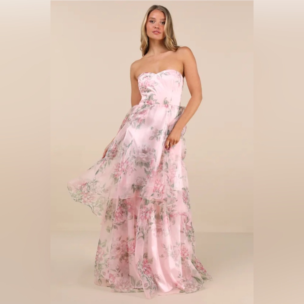 Pink Floral Organza Strapless Maxi Dress
